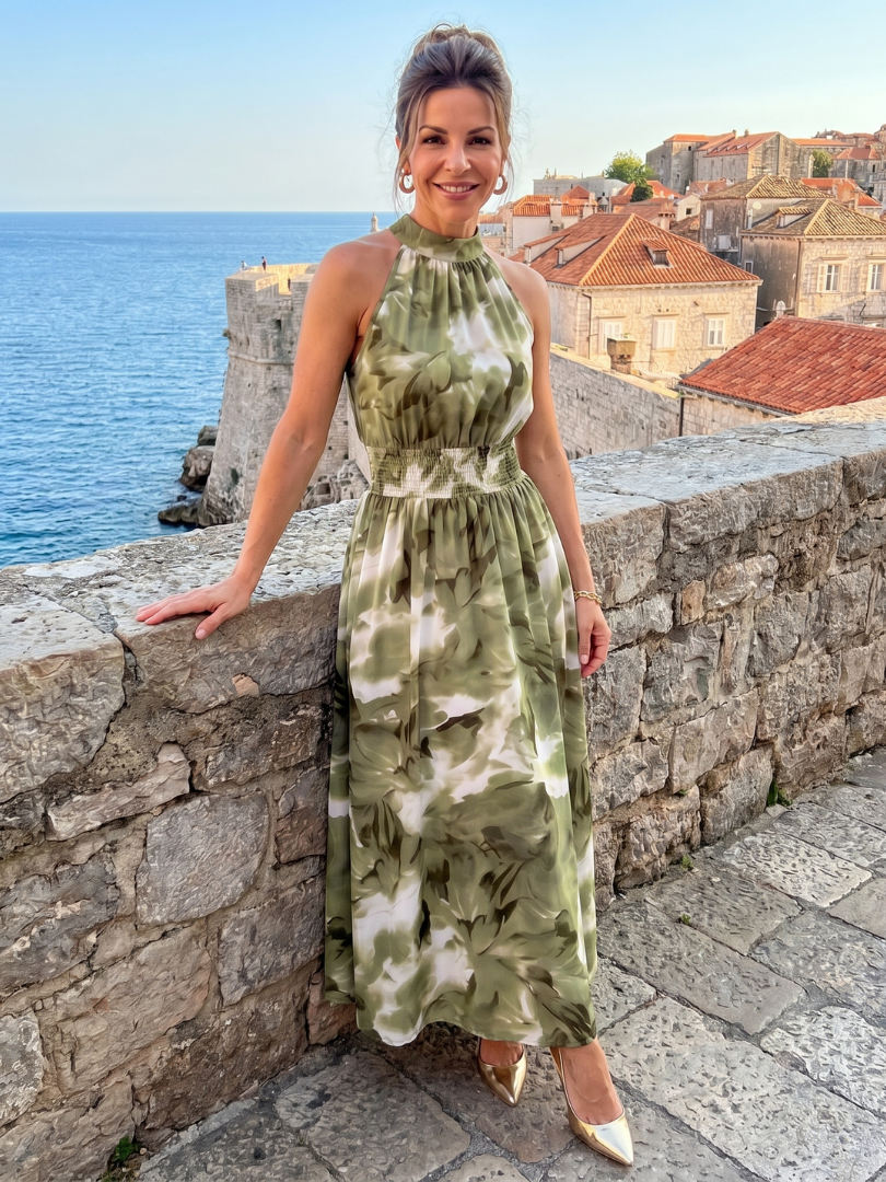 Halter Neck Abstract Floral Smocked Waist Sleeveless Maxi Dress 7