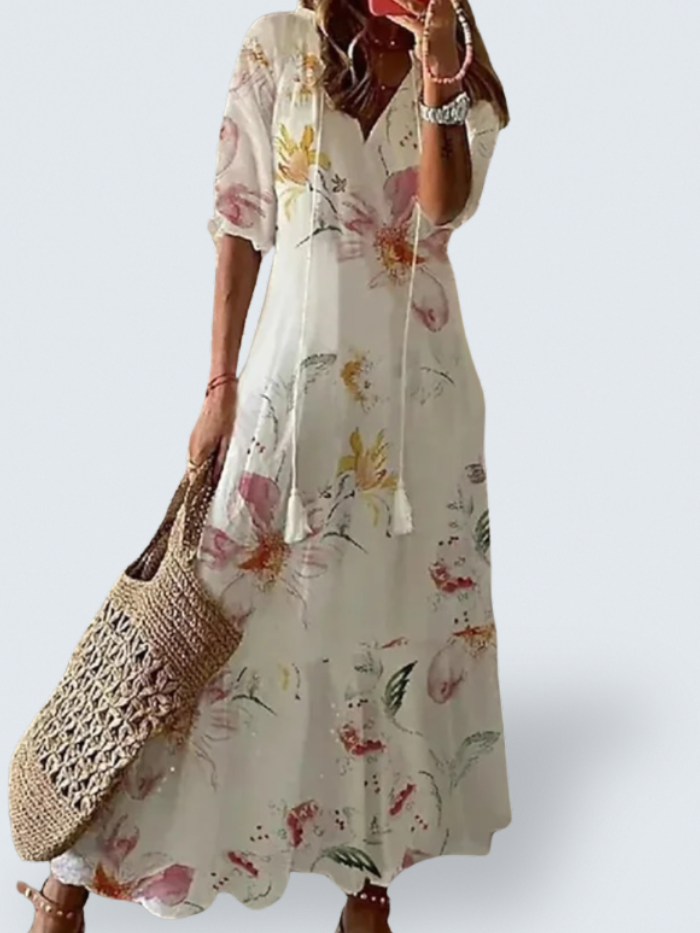 V-Neck Tie Floral Half Sleeve Flowy A-Line Maxi Dress