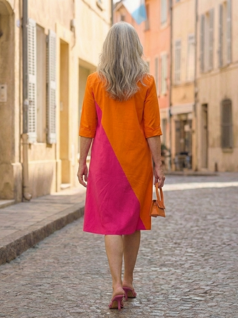 Orange Collar Color Block Three-Quarter Sleeve A-Line Midi Dress