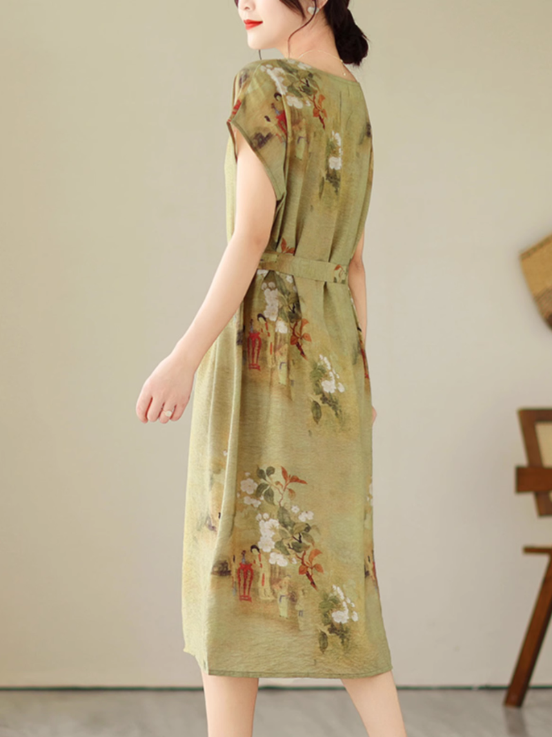 Boat Neck Cap Sleeve Floral Print Tie Waist Loose Midi Dress 4