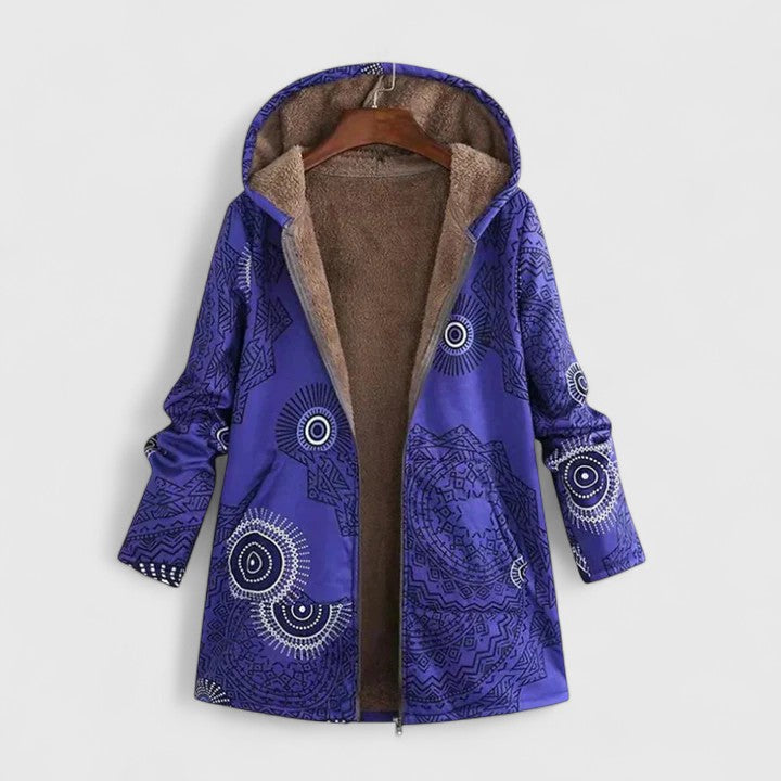 Hooded Ethnic Print Fleece-Lined Zip Front Long Sleeve Jacket