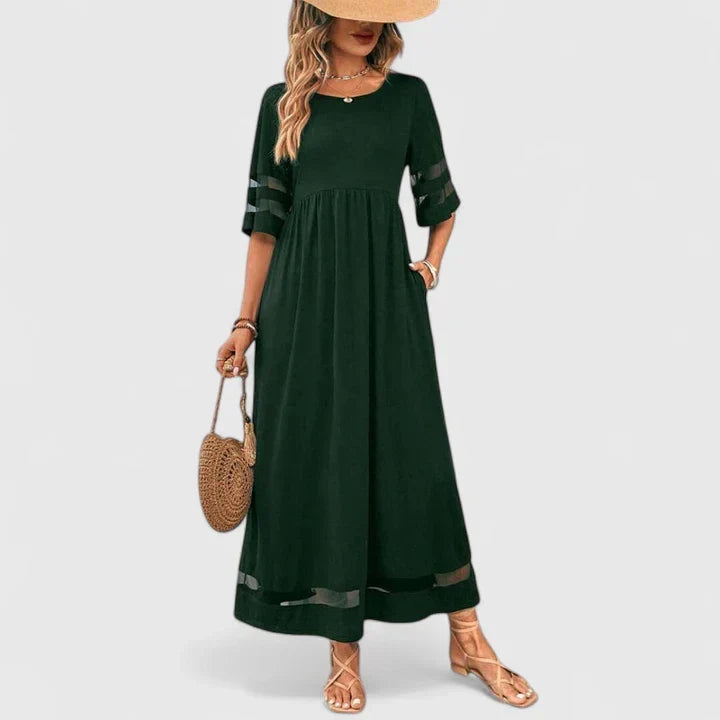 Round Neck Mesh Stripe Sleeve Empire Waist A-Line Maxi Dress