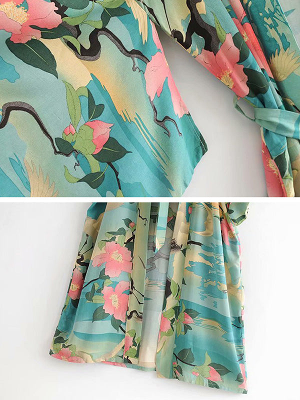 Green Floral Landscape Print Belted Open-Front Midi Kimono 4