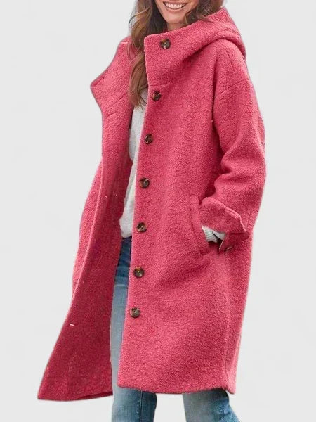 Hooded Button Front Long Sleeve Longline Wool Coat