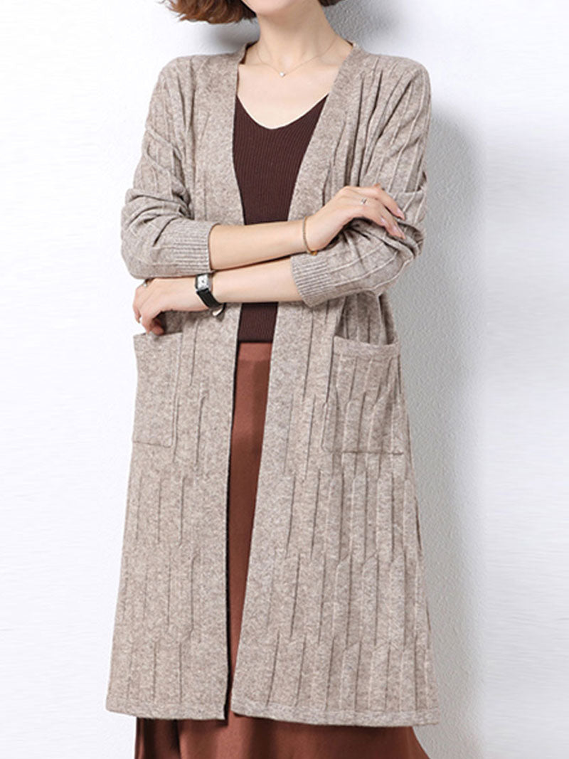 Open Front Ribbed Knit Patch Pocket Long Sleeve Cardigan