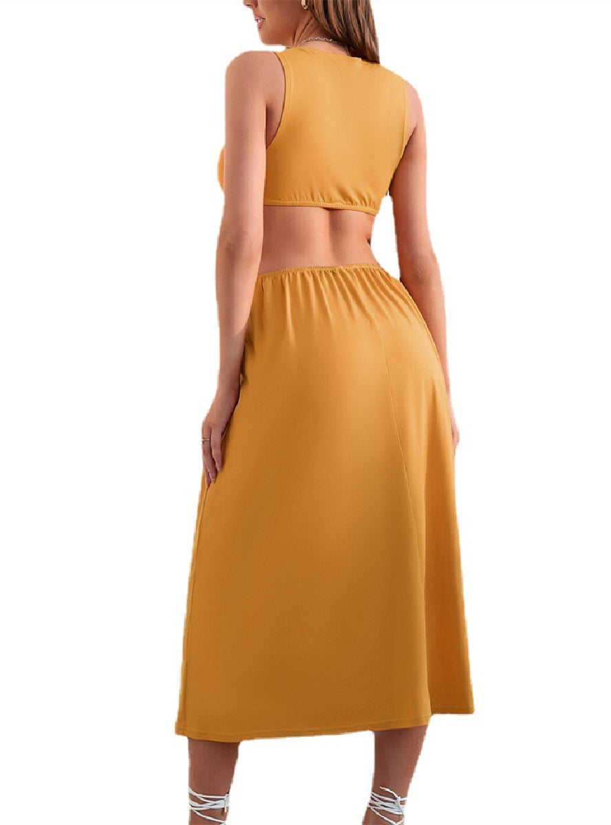 Green Halter-Neck Backless Maxi Dress With Waisted Detail M / Yellow Dresses