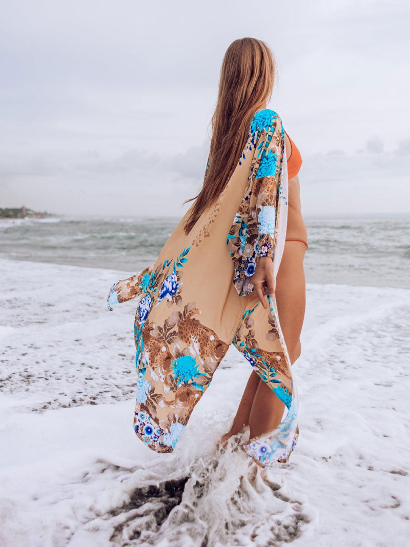 Brown Floral Print Belted Long Kimono Beach Cover-Up Robe
