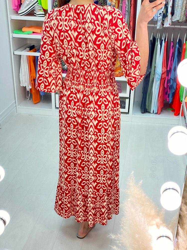 Red Mosaic Print 3/4 Sleeve Maxi Dress