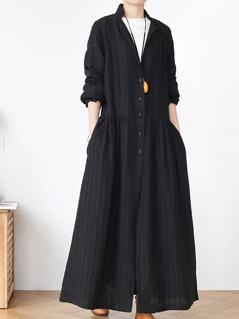 Lapel Collar Button Front Pleated Linen Duster Coat 2