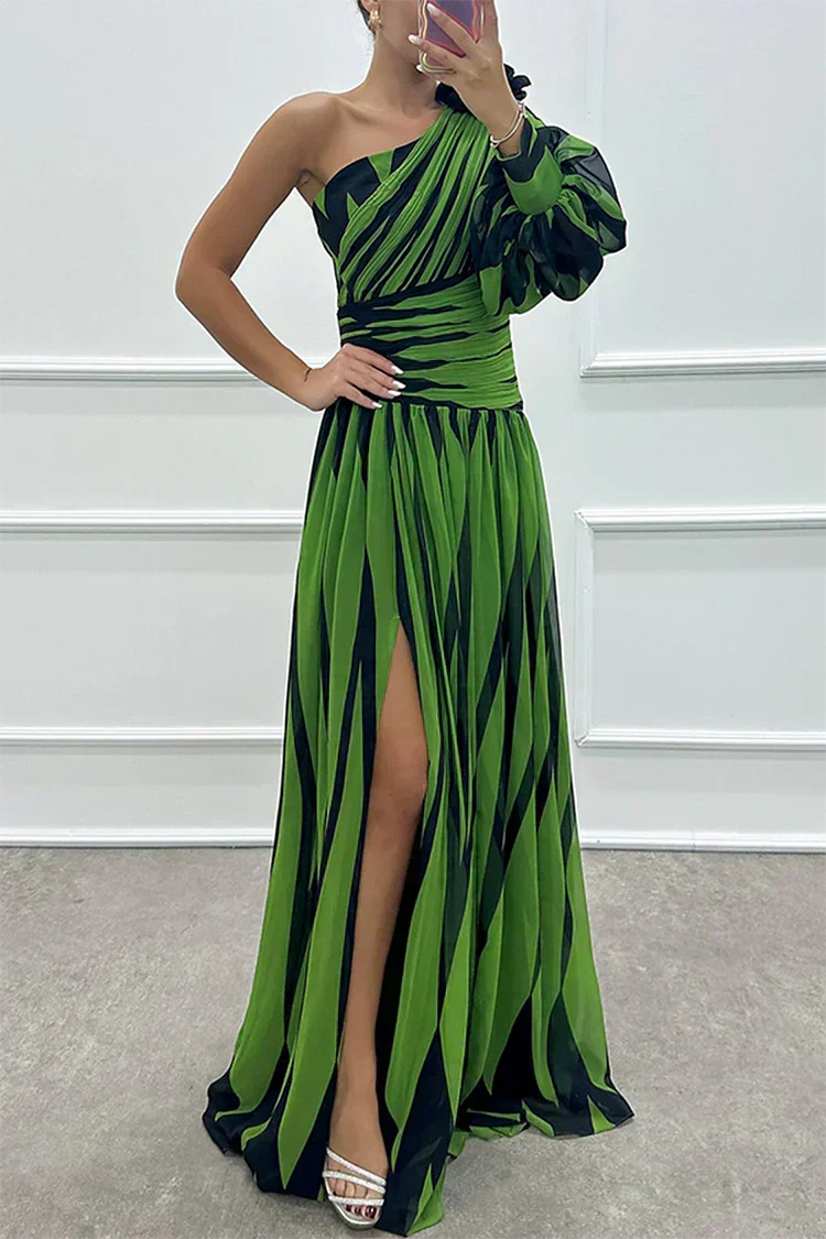 One Shoulder Striped One Sleeve Ruched High Slit Maxi Dress