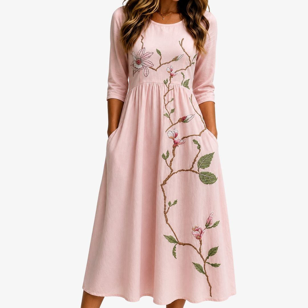 Round Neck Magnolia Embroidered Empire Waist A-Line Midi Dress