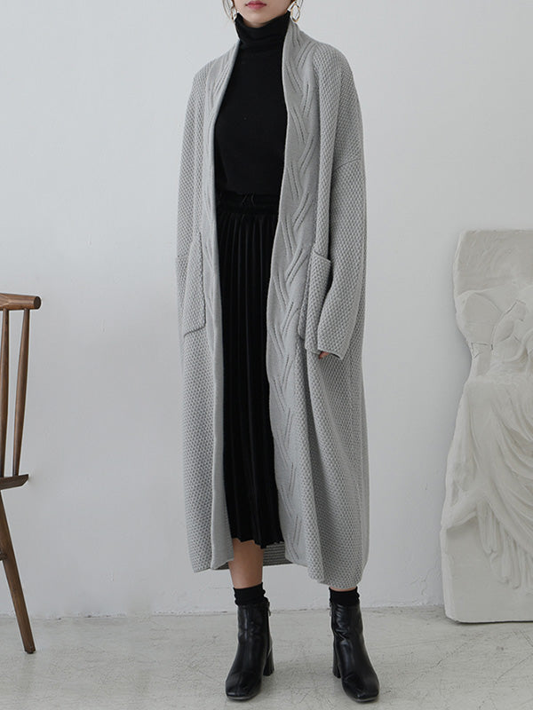Open Front Cable Knit Longline Pocket Cardigan