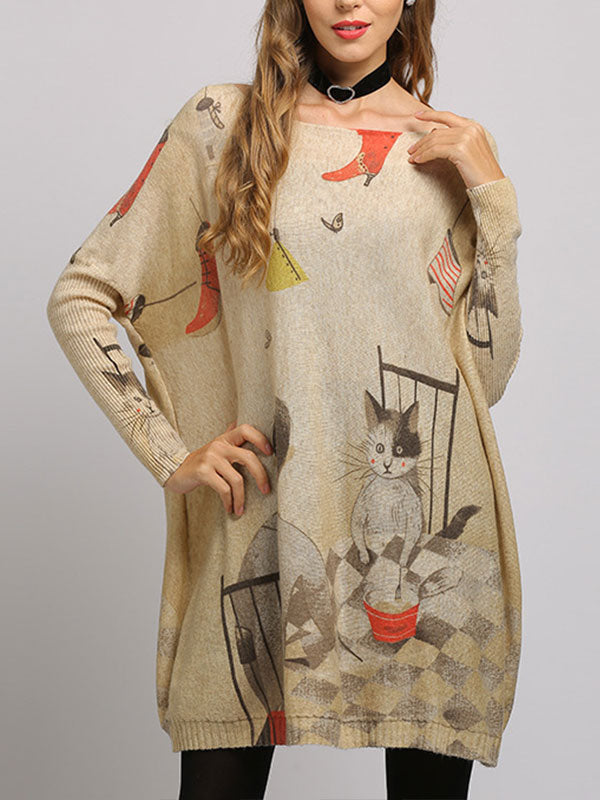 Boat Neck Cat Print Long Sleeve Knit Sweater Tunic