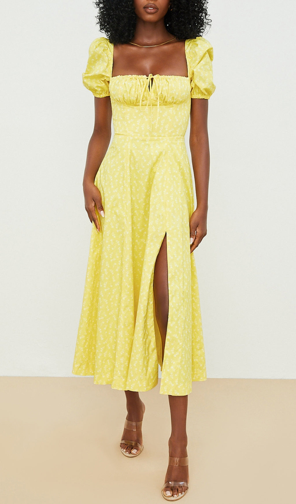 Vintage Floral Puff Sleeve Midi Dress in YelLow
