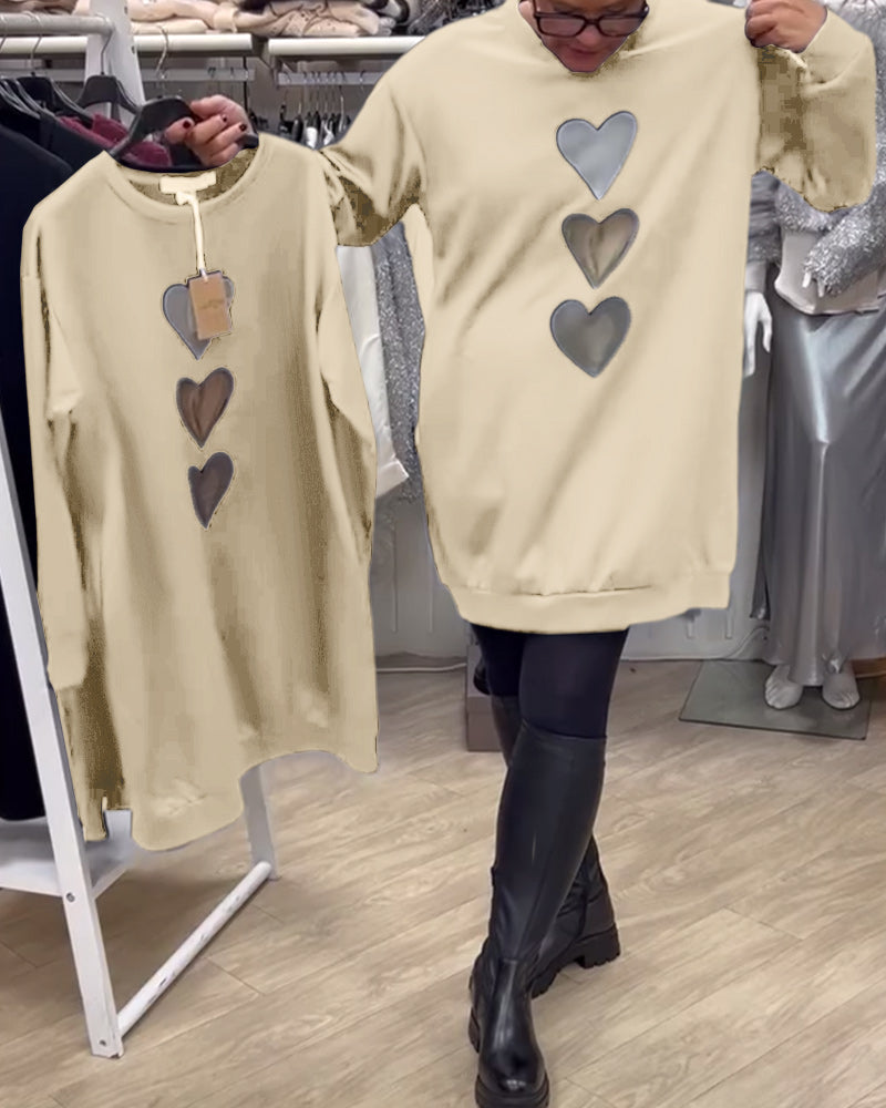 Black Round Neck Heart Print Long Sleeve Sweatshirt Mini Dress