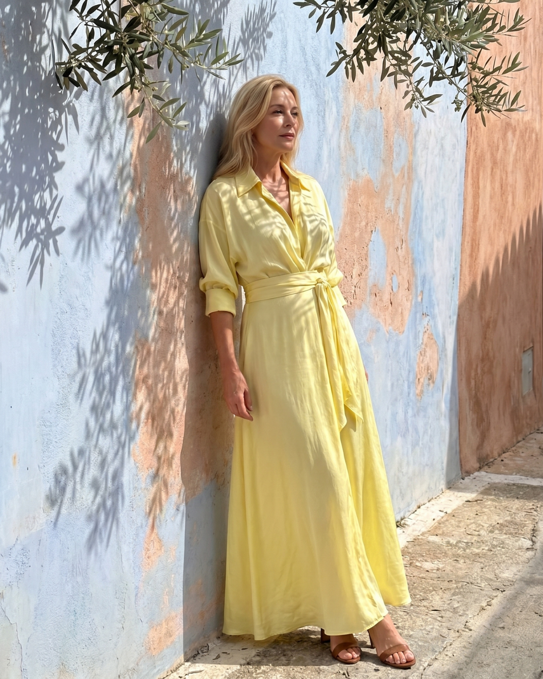Collared Plunge Satin Long Sleeve Tie Waist Flowing Maxi Dress 5