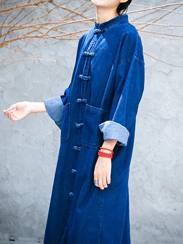 Stand Collar Frog Button Patch Pocket Denim Duster Coat 3