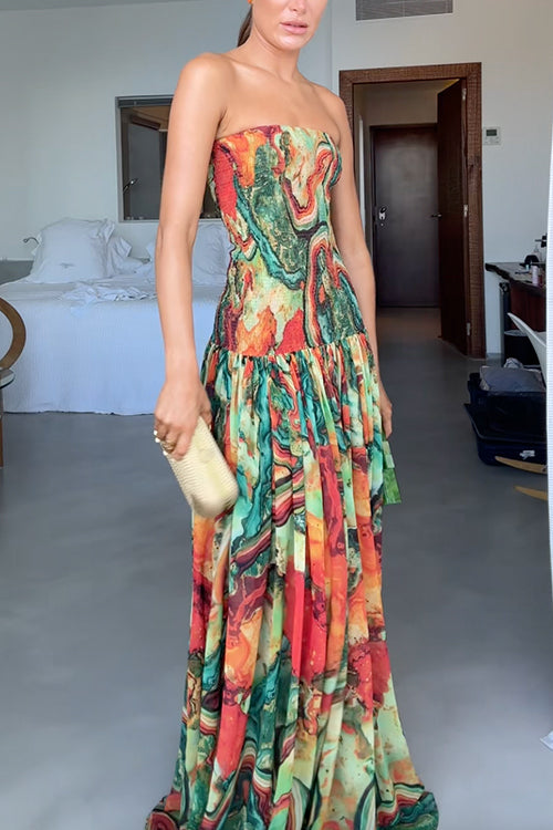 Print Strapless Abstract Marble Print Dropped Waist Flowy A-Line Maxi Dress