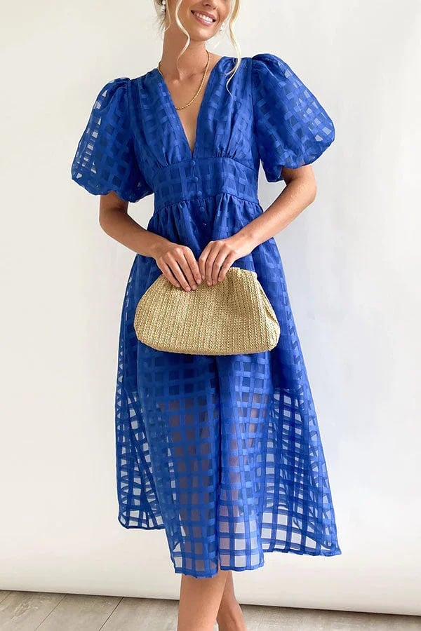 Beautiful square pattern fabric puff sleeve midi