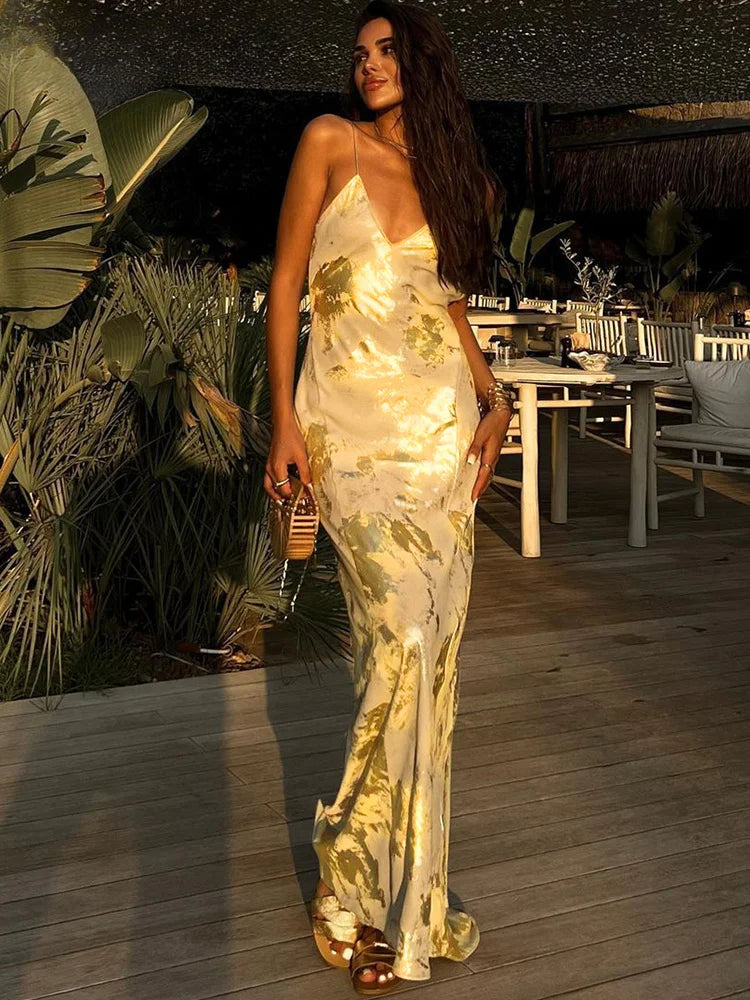 V Neck Strappy Print Tight Summer Dress