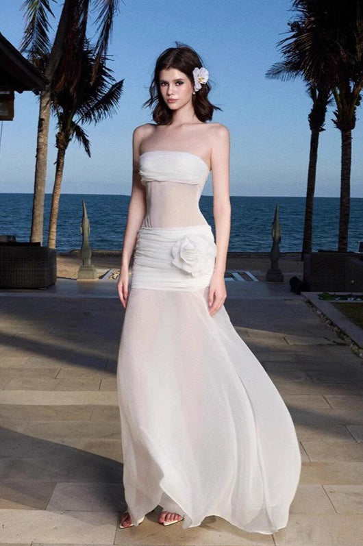 Strapless Ruched Sheer Mesh Floral Rosette Applique Maxi Dress 3
