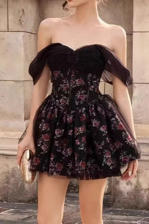 Black Off Shoulder Sweetheart Corset Floral Tulle Overlay Mini Dress