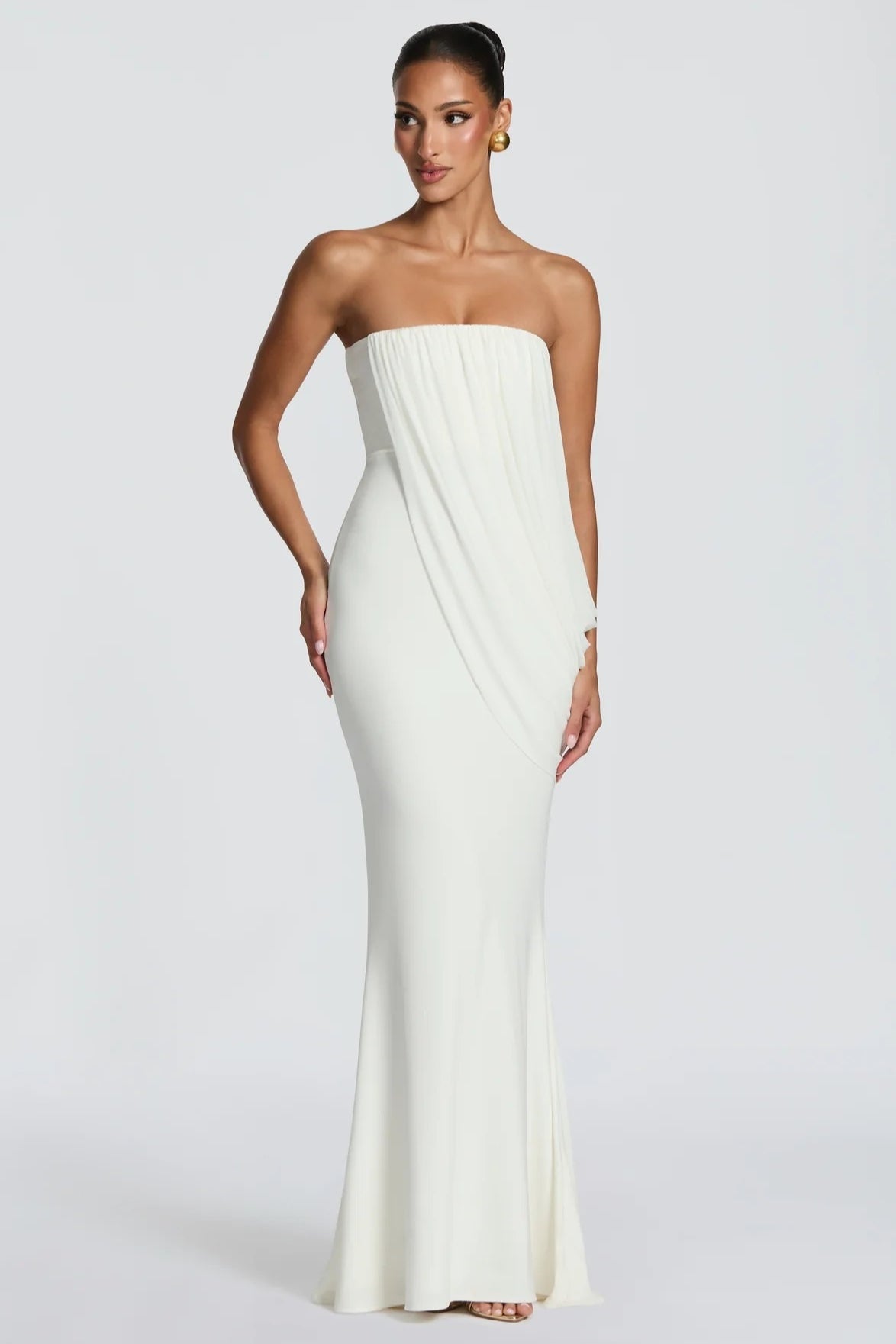 Draped Mesh Tube Irregular Ruche Maxi Slim Bodycon Dress
