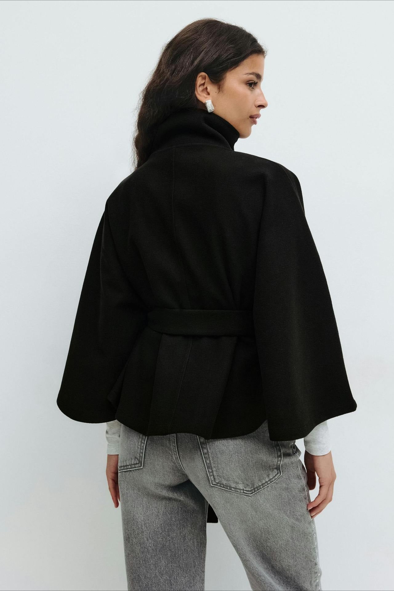 High Neck Button Detail Batwing Sleeve Coat