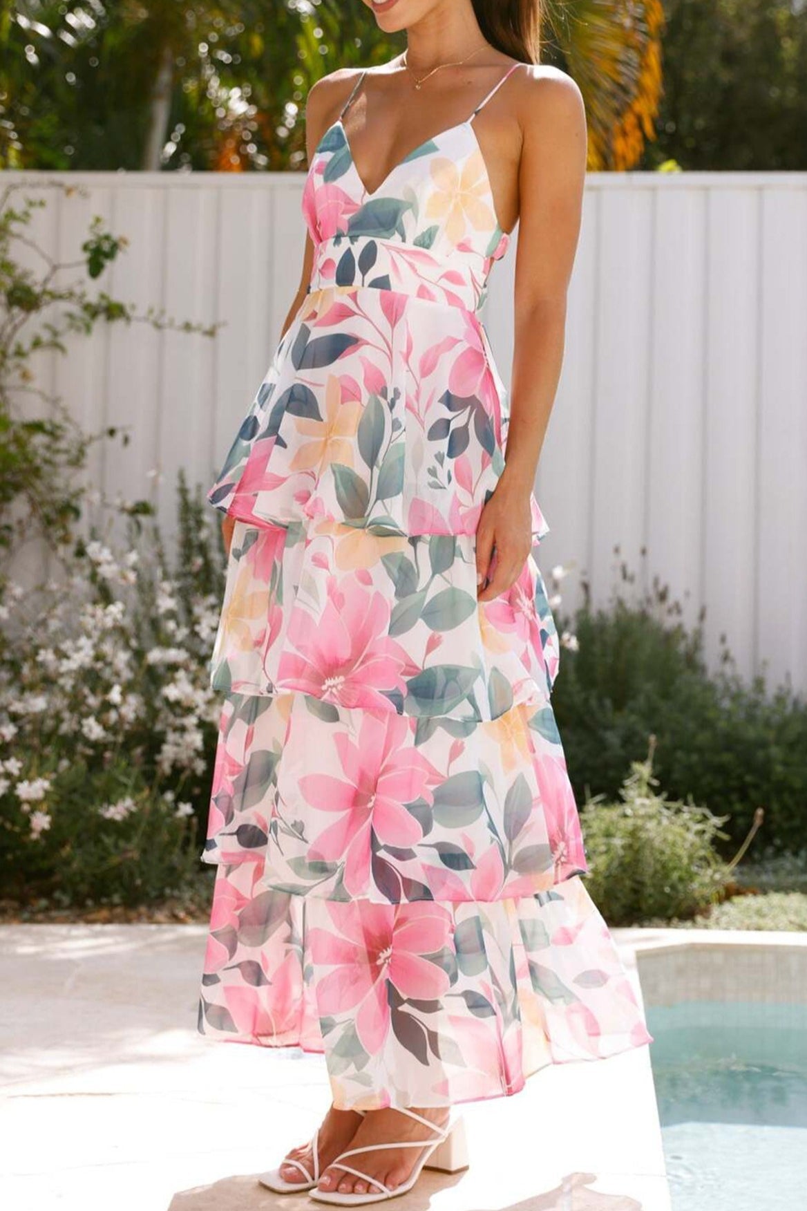 Spaghetti Strap Deep V Floral Print Tiered Ruffle Maxi Dress 5