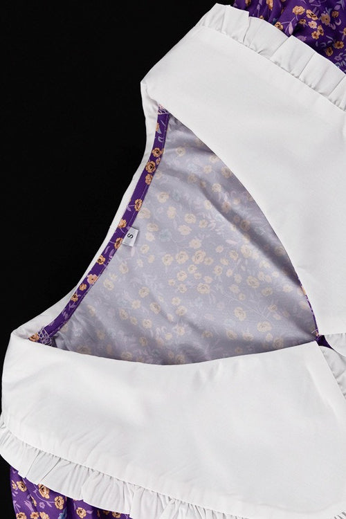 Purple Peter Pan Collar Short Sleeve Tie Waist Tiered Maxi Floral Print Dress 5