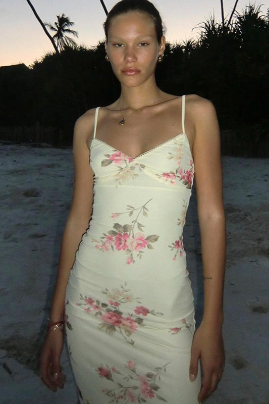 Beige Spaghetti Strap Sweetheart Cup Floral Print Bodycon Maxi Dress 4