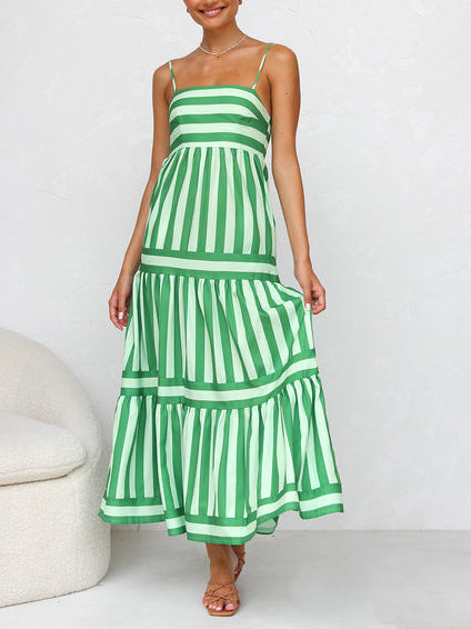 Suspender Open Back Striped Graceful Positioning Print Pocket Midi Dress Green / S Dresses