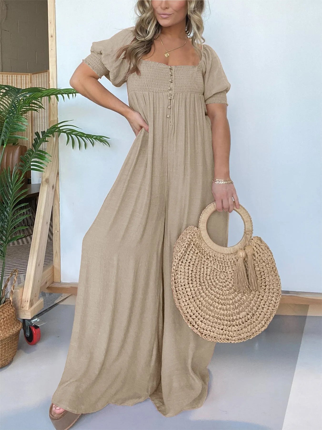 Square Neckline Jumpsuit With Smocked Bodice Button