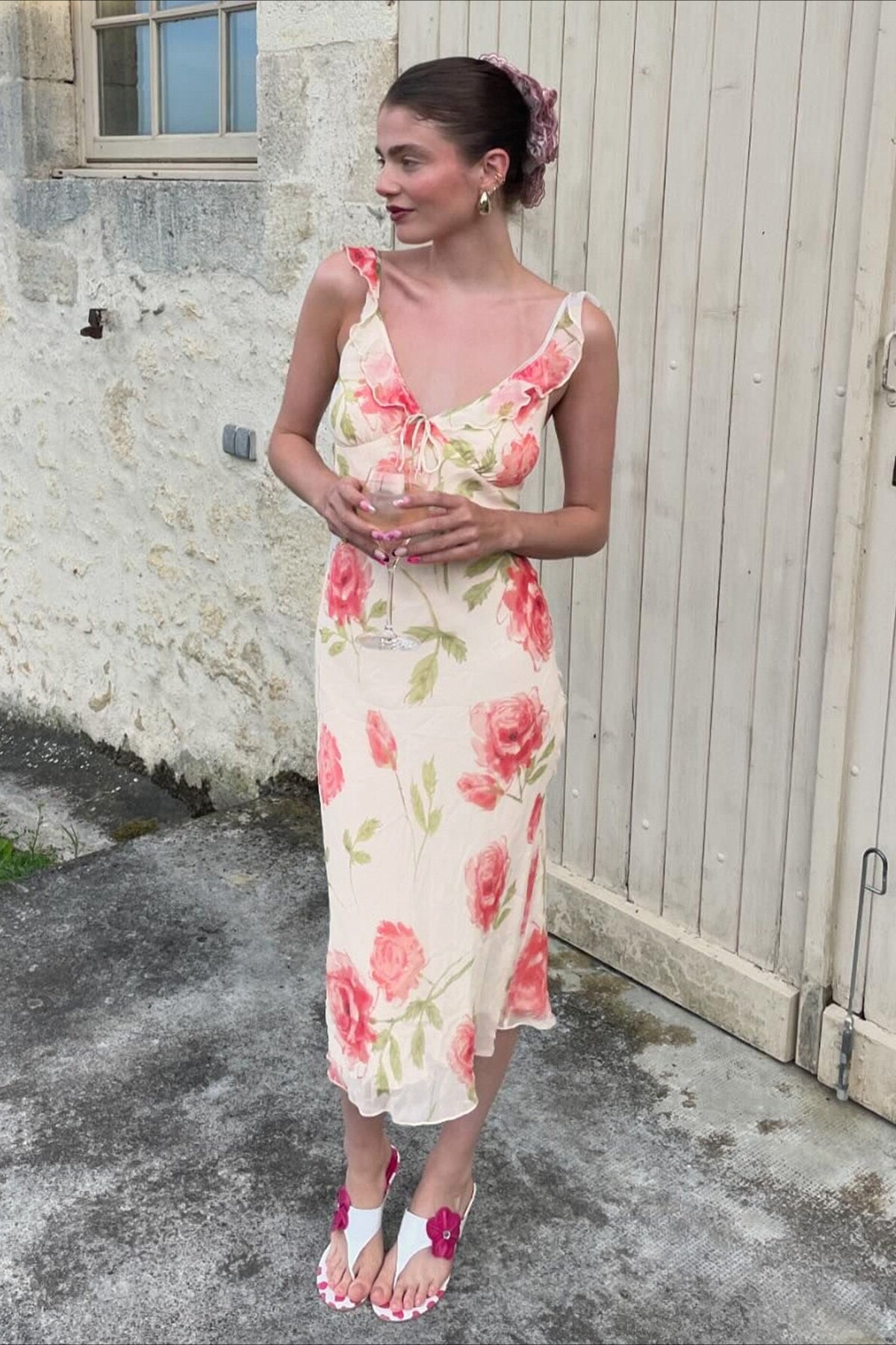 Open Back Pearl Bow Fitted Floral Dress