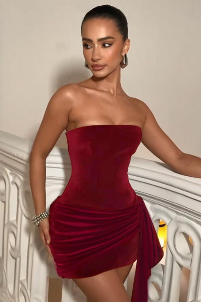 Red Strapless Velvet Bodycon Mini Dress 3