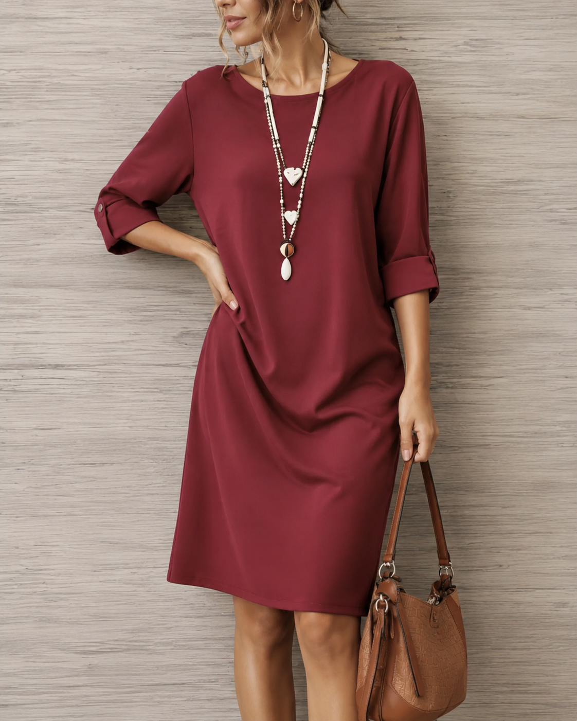 Round Neck Roll-Tab Sleeve Pocket Shift Midi Dress 7