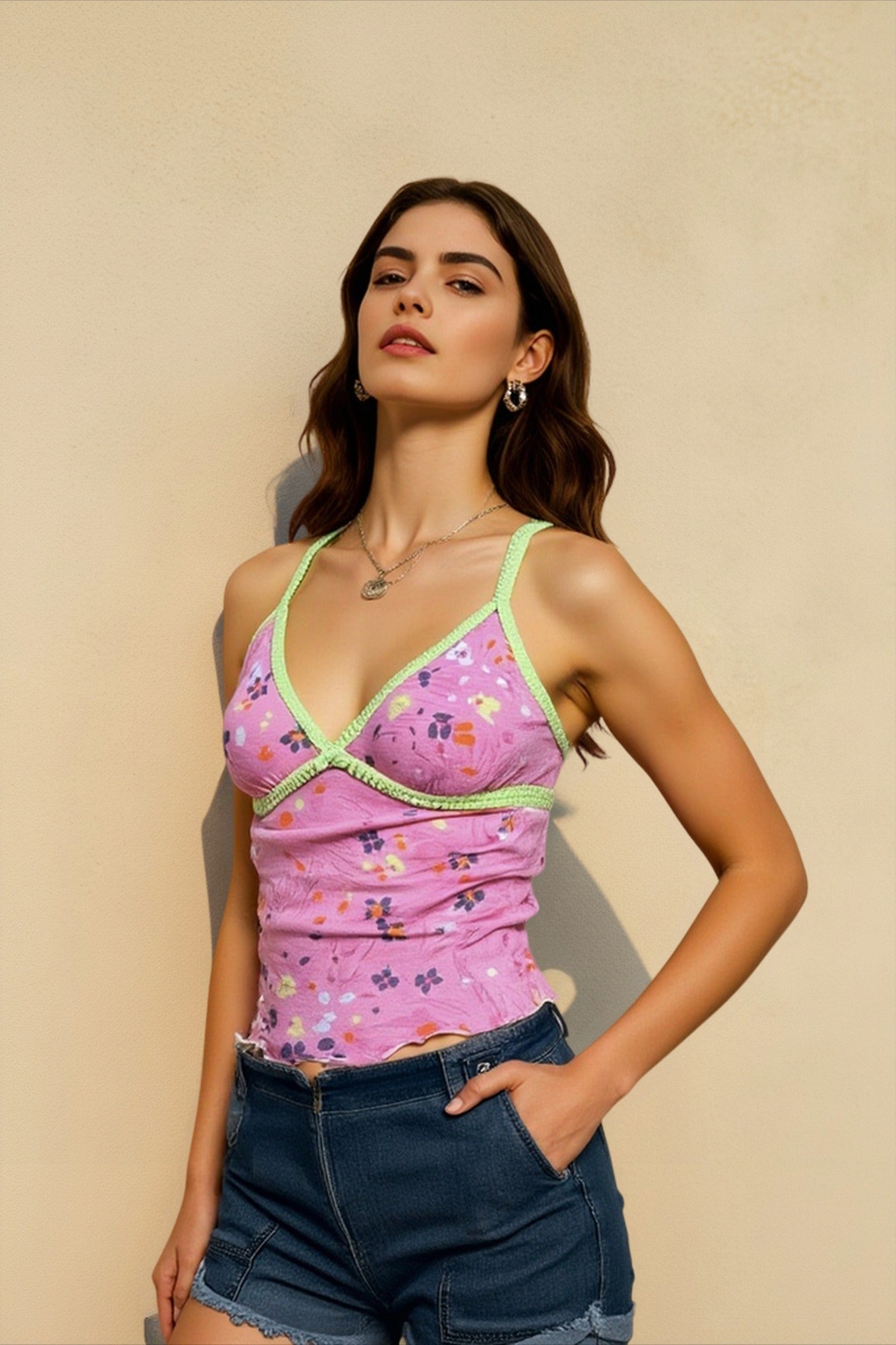 Print panel raw hem cami top