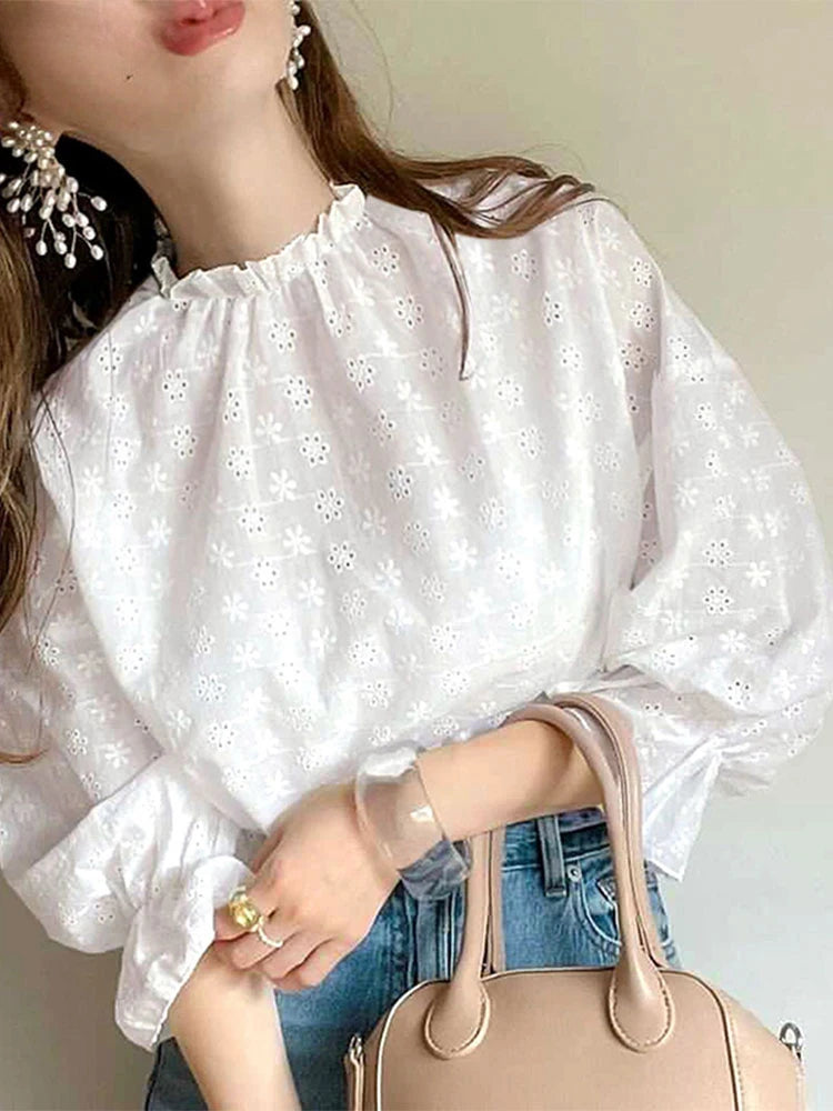 Lacing Pleating Lantern Sleeve Blouse Vintage Blouse WHITE / S blouse-250126