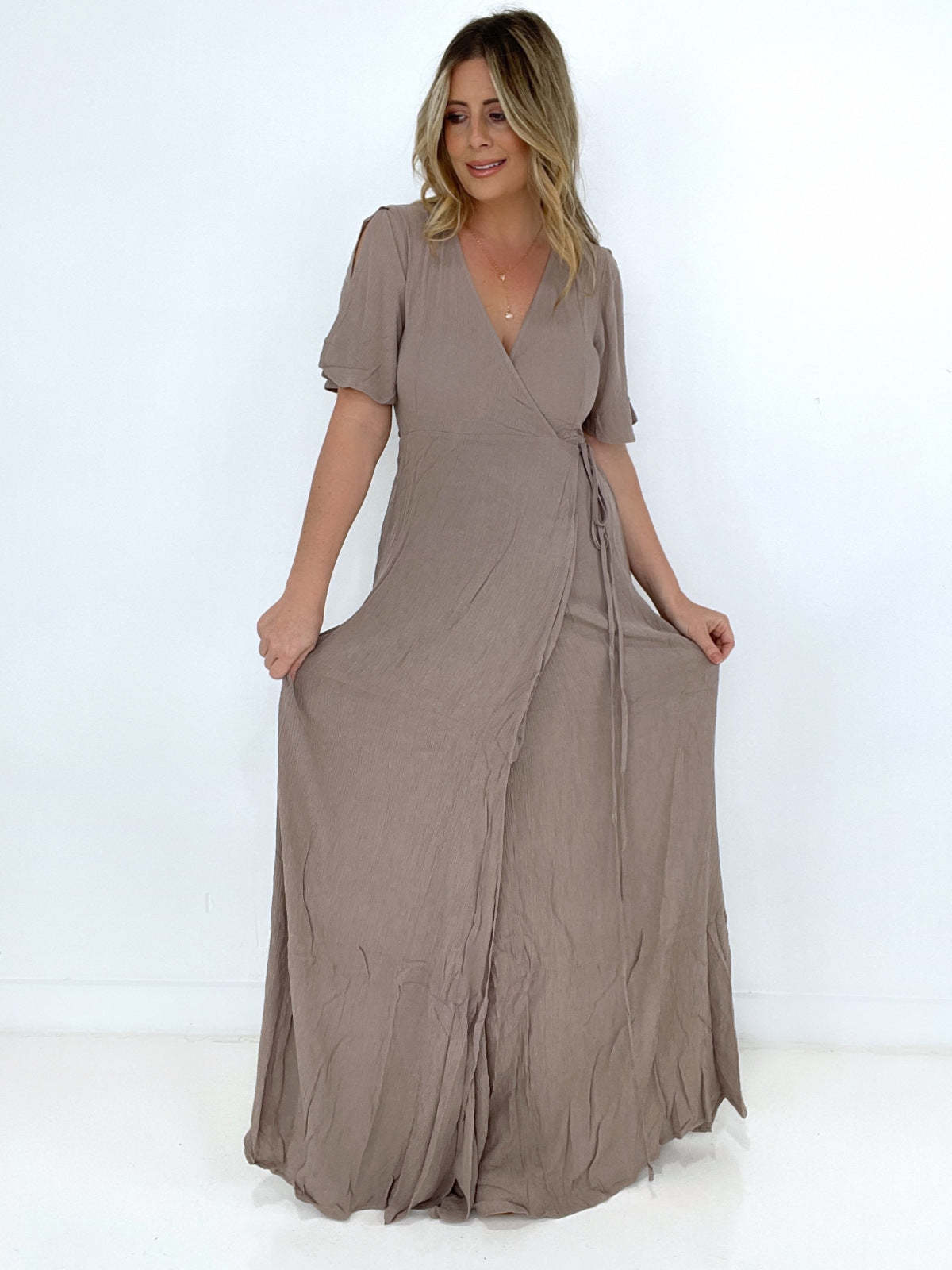 V-Neck Flutter Sleeve Crinkle Gauze Wrap Tie Flowy Maxi Dress
