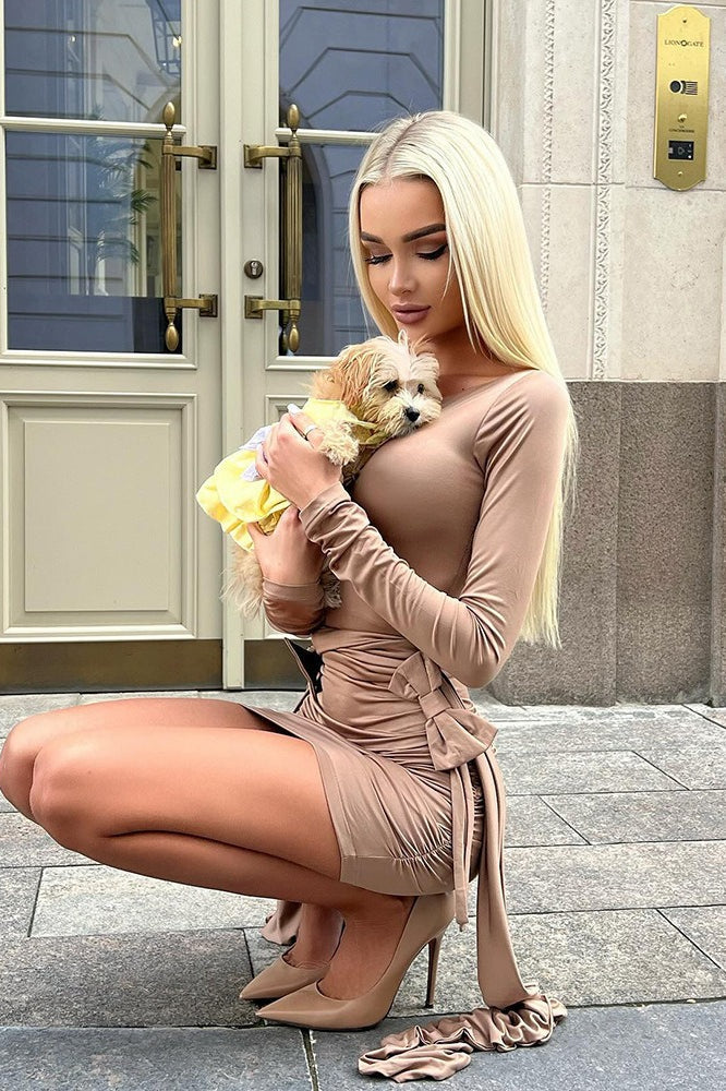 Long Sleeve Bow Ruched Midi Dress