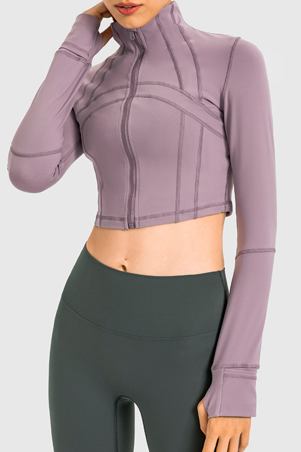Stand Collar Zip Front Seam Detail Cropped Sports Jacket