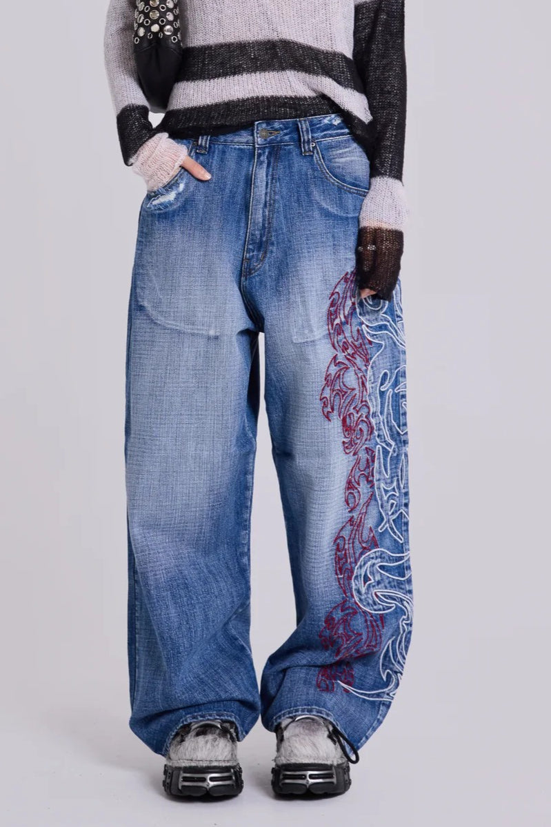 Y2K Embroidered Wide Jeans