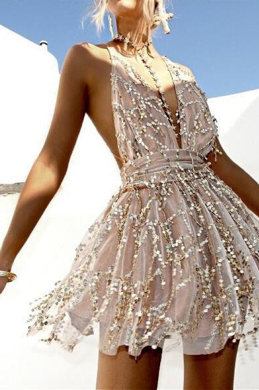 Sequin Tassel Backless Tie-Waist Cami Party Dress