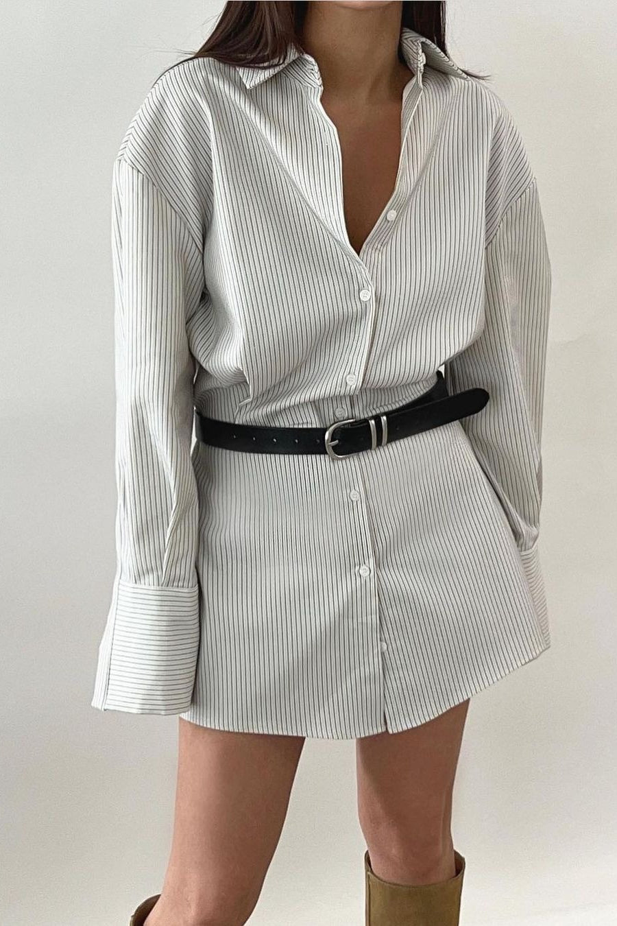 Striped Collared Waist Shirt Mini Dress
