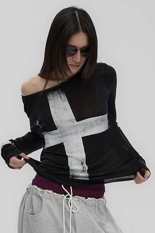 Cross Print Asymmetrical TShirt
