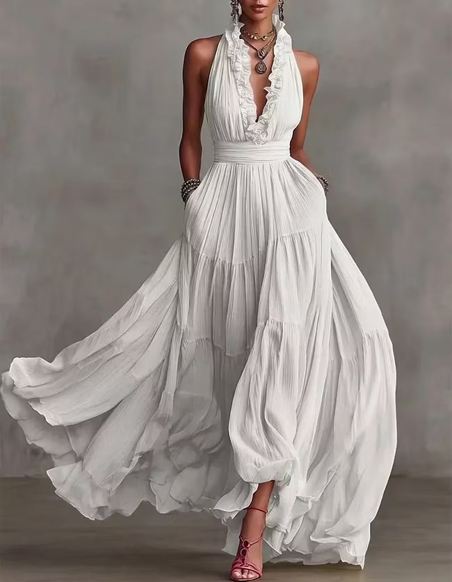 Halter Deep V-Neck Ruffle Trim Tiered Chiffon Maxi Dress