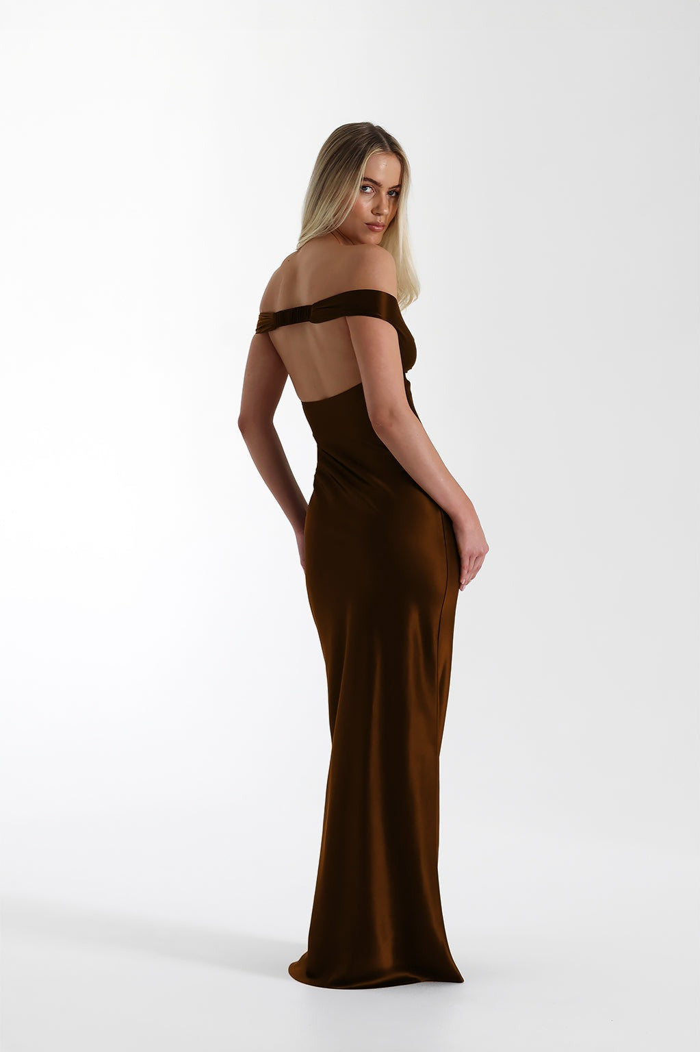 Satin Off-Shoulder Fishtail Maxi Party Dress