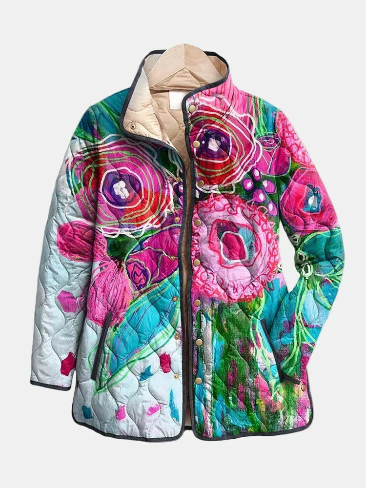 Multicolour Stand Collar Abstract Floral Print Quilted Button-Front Long Sleeve Jacket