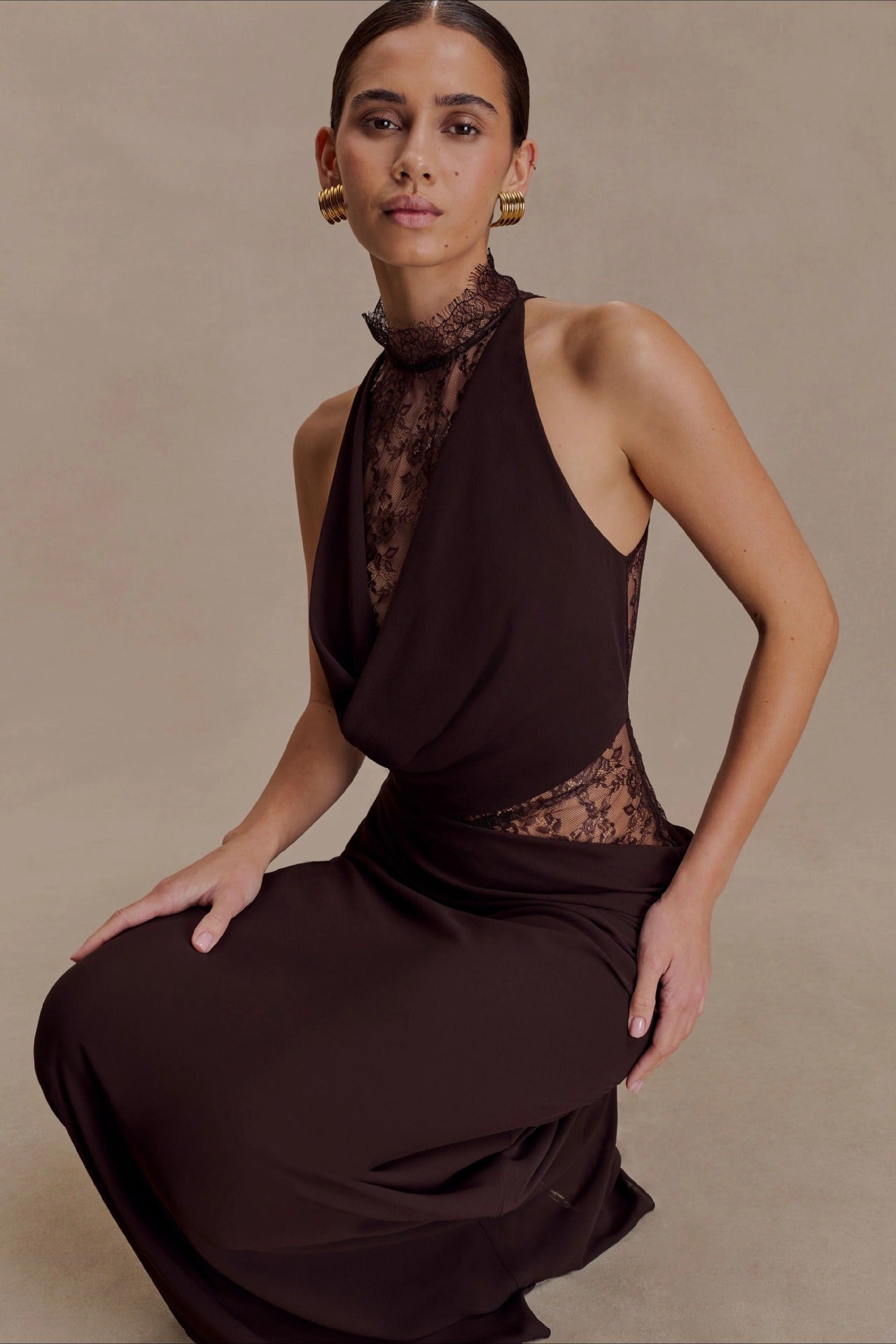 Brown Halter Lace Cowl Bodycon Dress 3
