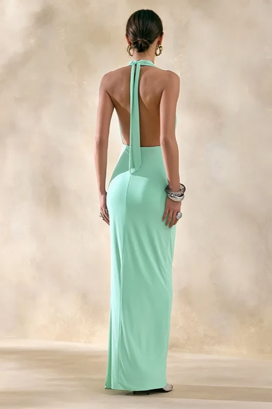 Asym Halter Backless Draped Party Dress